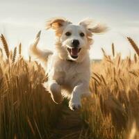 A graceful dog prancing through a field photo