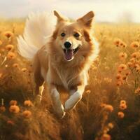 A graceful dog prancing through a field photo