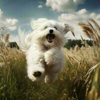 A graceful dog prancing through a field photo