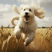 A graceful dog prancing through a field photo