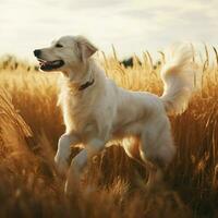 A graceful dog prancing through a field photo