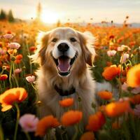 A happy dog basking in a field of flowers photo