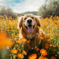 A happy dog basking in a field of flowers photo