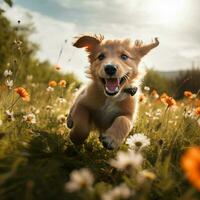 A jubilant pup frolicking in a meadow photo