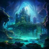 A lost city beneath the sea its ruins bathed in iridescent photo