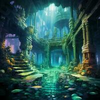 A lost city beneath the sea its ruins bathed in iridescent photo