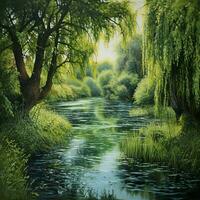 A peaceful pond surrounded by weeping willows photo