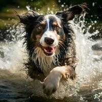 A playful dog splashing in a stream photo