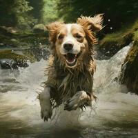 A playful dog splashing in a stream photo