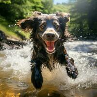 A playful dog splashing in a stream photo