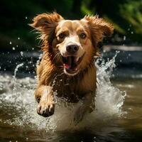 A playful dog splashing in a stream photo