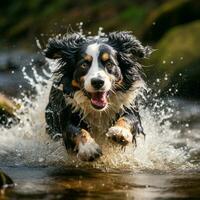 un juguetón perro salpicaduras en un corriente foto