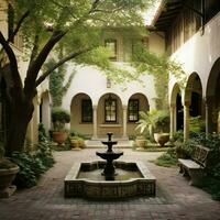 A serene courtyard with a trickling water fountain photo