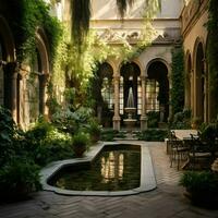 A serene courtyard with a trickling water fountain photo