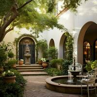 A serene courtyard with a trickling water fountain photo