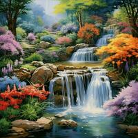 A serene garden with vibrant colors and cascading waterfal photo