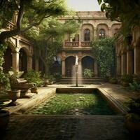 A serene courtyard with a trickling water fountain photo