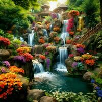 A serene garden with vibrant colors and cascading waterfal photo