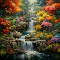 un sereno jardín con vibrante colores y cascada cascada foto