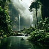 A serene waterfall surrounded by lush greenery photo