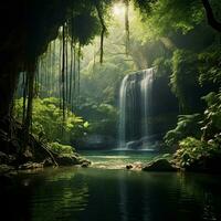 A serene waterfall surrounded by lush greenery photo