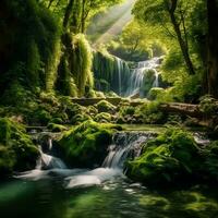 A serene waterfall surrounded by lush greenery photo