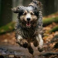 un enérgico canino corriendo mediante el bosque foto