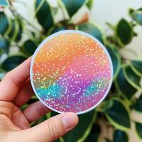 A sparkly holographic sticker with shimmering rainbow photo