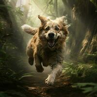 un enérgico canino corriendo mediante el bosque foto