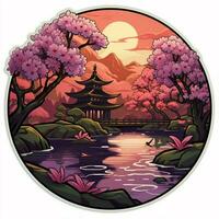 A sticker depicting a serene Japanese garden with cherry b photo