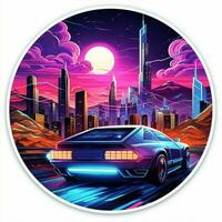 A sticker showcasing a futuristic cityscape with flying ca photo