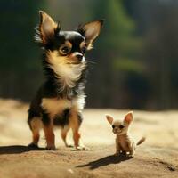 A tiny dog bravely standing up to a larger foe photo