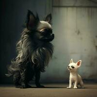 A tiny dog bravely standing up to a larger foe photo