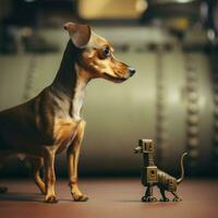 A tiny dog bravely standing up to a larger foe photo