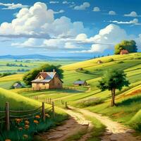 A tranquil countryside landscape with rolling hills and ch photo