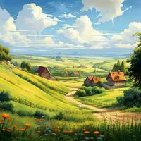 A tranquil countryside landscape with rolling hills and ch photo