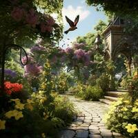 A tranquil garden with the sound of chirping birds photo