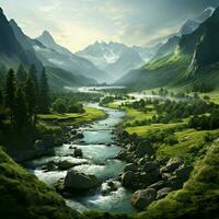 A tranquil river winding through a lush peaceful valley photo