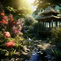 A tranquil garden with the sound of chirping birds photo