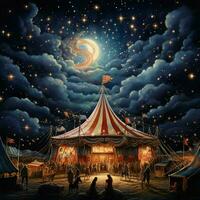 A whimsical circus tent filled with acrobats clowns and ca photo