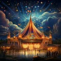 A whimsical circus tent filled with acrobats clowns and ca photo