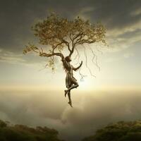 Acrobatic creature gracefully swinging from tree to tree photo