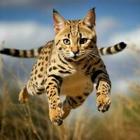 Agile Savannah cat leaping gracefully through the air photo