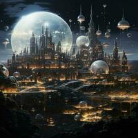 An otherworldly cityscape with floating islands and glowin photo