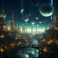 An otherworldly cityscape with floating islands and glowin photo