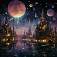 An otherworldly cityscape with floating islands and glowin photo