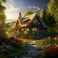 Calmness of a quaint countryside cottage surrounded by nat photo