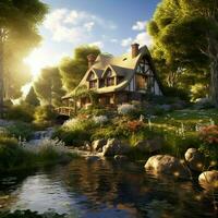 Calmness of a quaint countryside cottage surrounded by nat photo