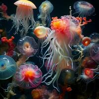 Colorful invertebrate delicately floating in the ocean photo