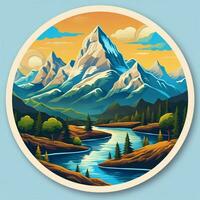 Craft a sticker showcasing a majestic mountain range photo